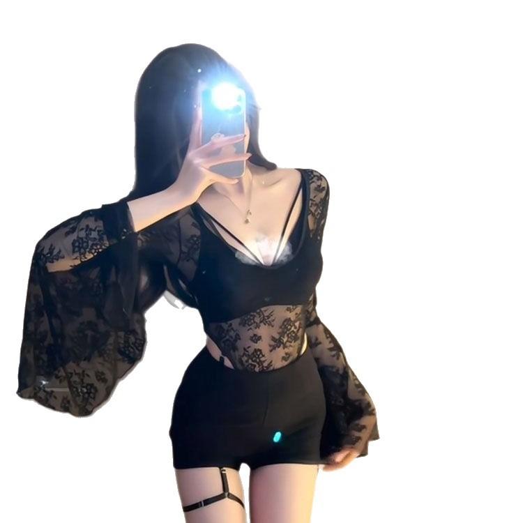 New large size sexy pure desire perspective deep V sex underwear lace mesh horn sleeve onesie