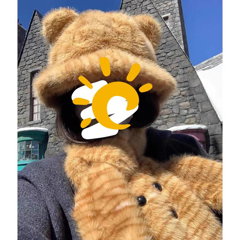 Plush Tiger Pattern Ear Hat Scarf Integrated Bucket Hat Winter Cold and Warm