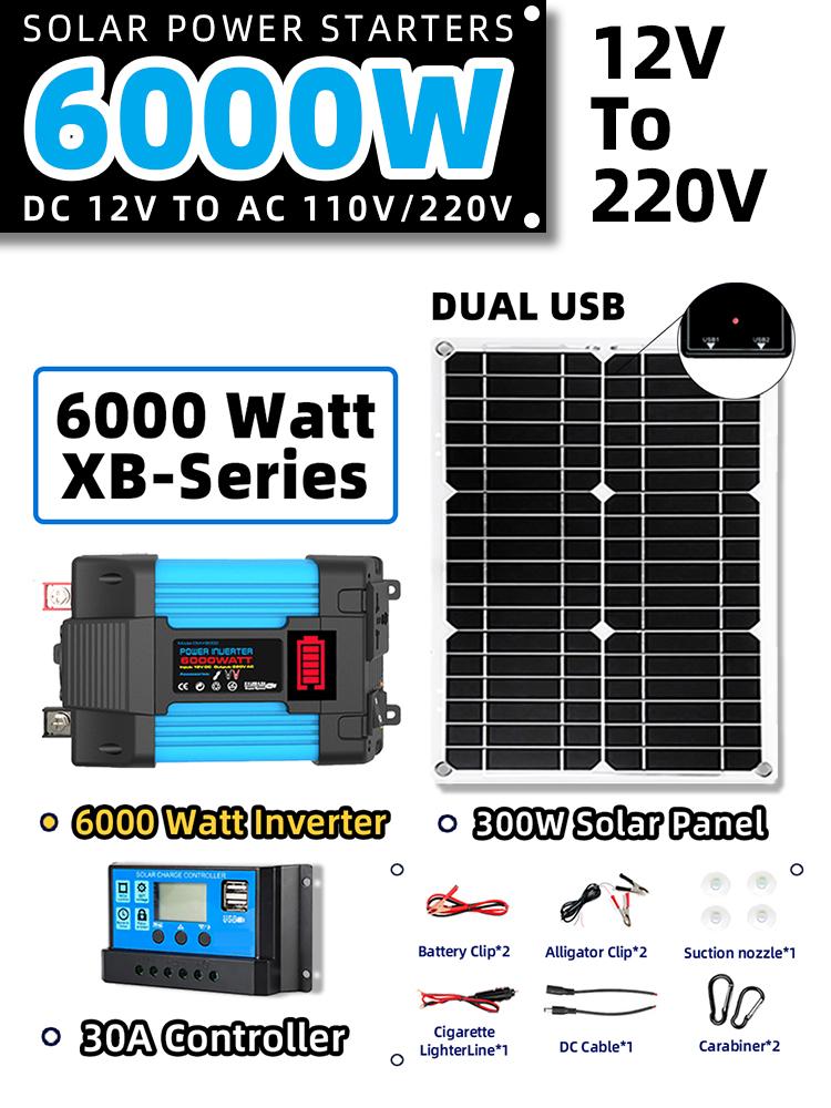 Solární panelový systém 12V až 110V/220V, 600W, regulátor nabíjení solárních panelů, sada solárního invertoru 6000W, kompletní generátor energie