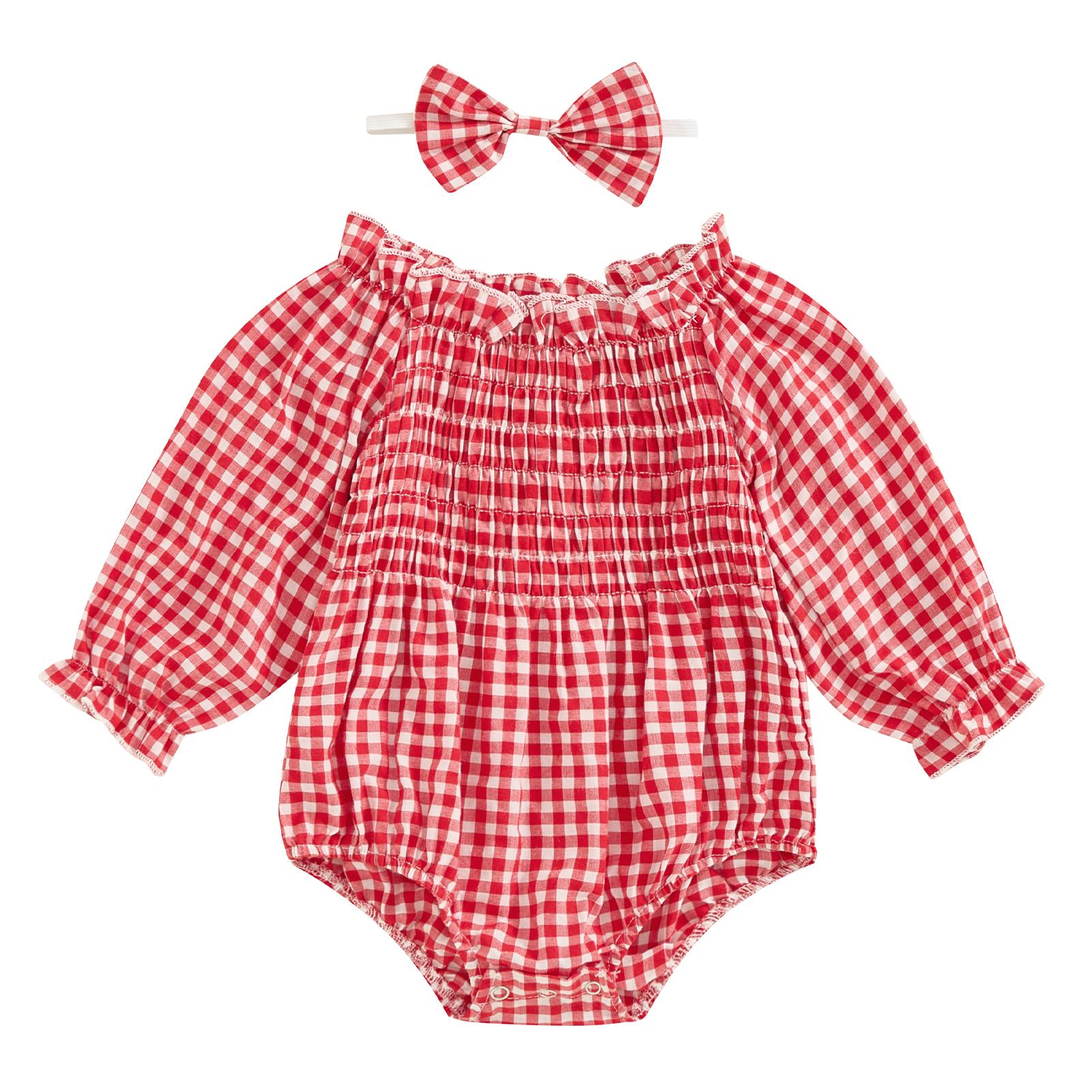 

Комплект из 2 предметов для девочек, осенняя одежда, боди с открытыми плечами, длинными рукавами, сборками и повязкой на голову, комплект детской одежды 12-18 Months красный