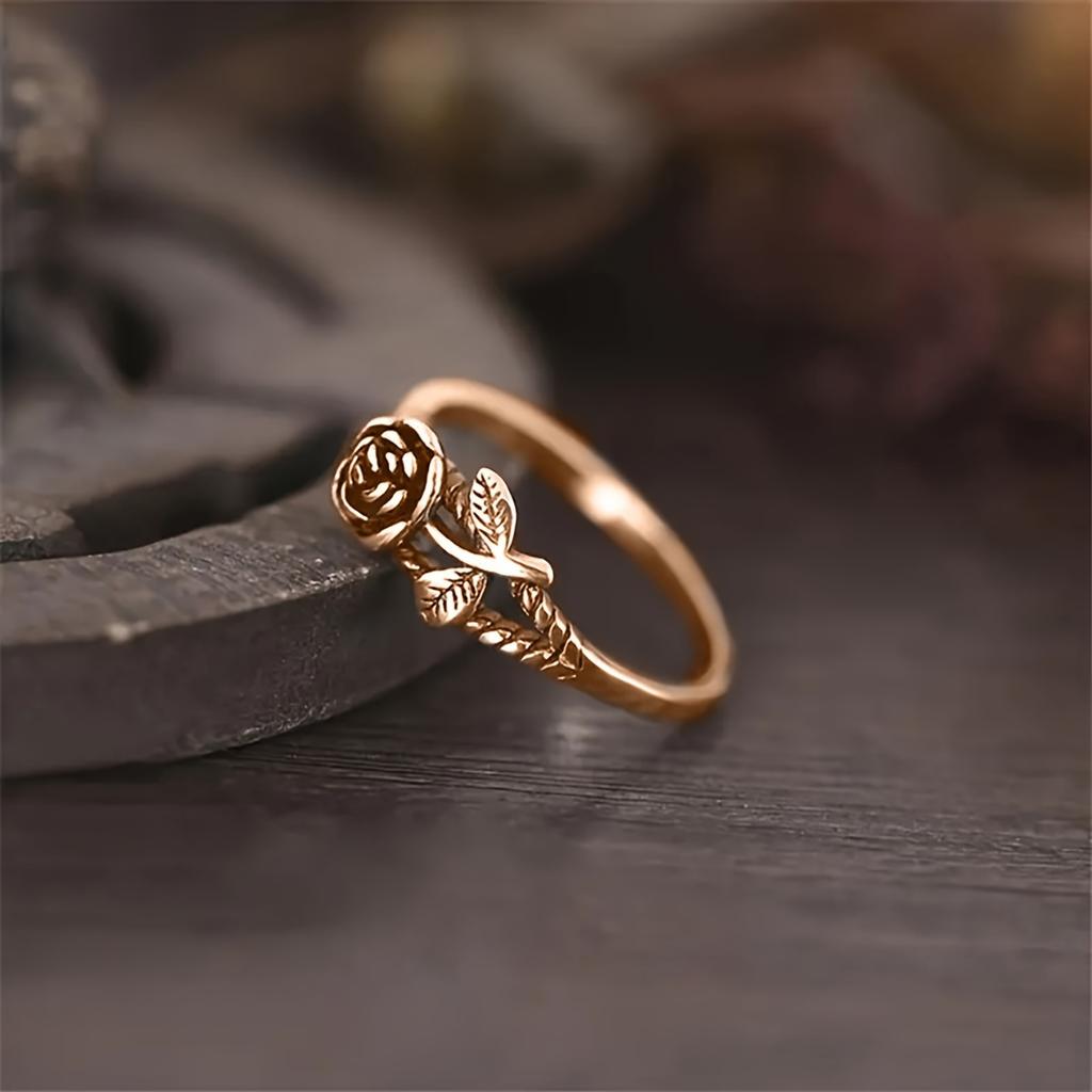 Vintage-style Distressed Flower Ring With 3D Rose, Classical Slim Band Ring, Charming Temperament Index Finger Ring
