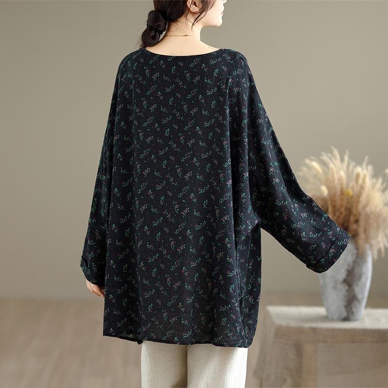 long sleeve Oversized cotton vintage floral Casual loose t shirt tops Women spring autumn t-shirt