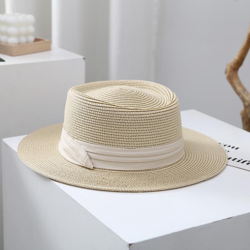 Spring and Summer Beach Flat Top Hat Women's Straw Knitted French Wide Brimmed Jazz British Sun Hats