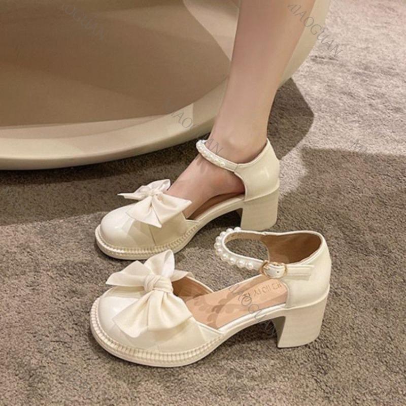 Fashion Bow Pearl High Heels Ladies Mary Jane Shoes Summer New Ankle Buckle Versatile Women Pumps Fashion Beige Black Heels for Women