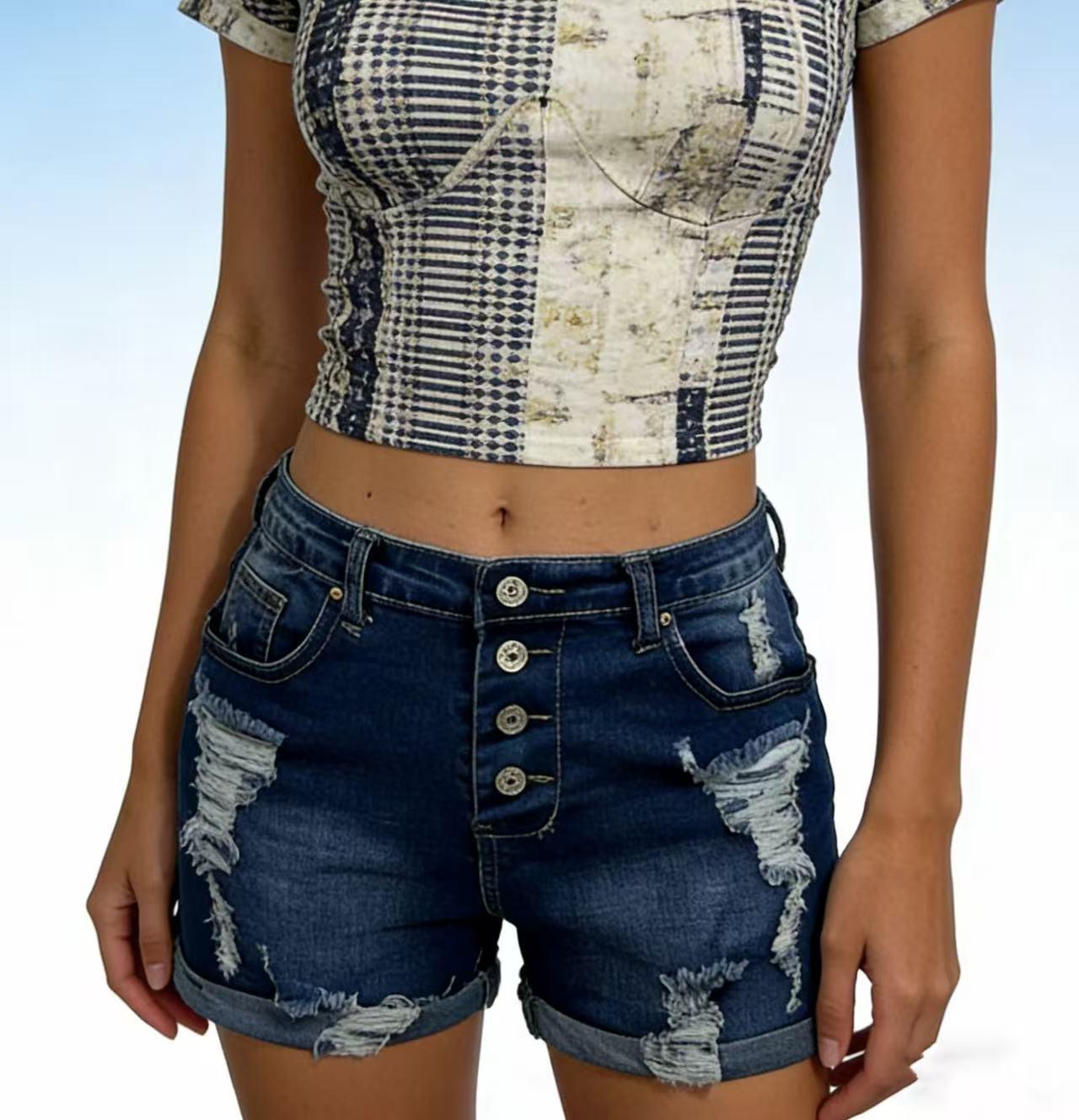 High-Waisted Ripped Denim Shorts with Rolled Hem - Women s Fashion Slimming Fit L