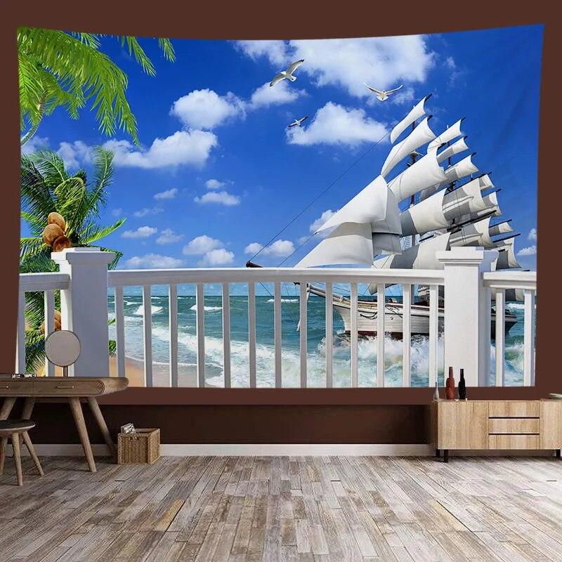 Window Sill Garden Beach View Large Tapestry Wall Hanging Bohemian Hippie Tapestry Room Aesthetic Living Room Home Decoration