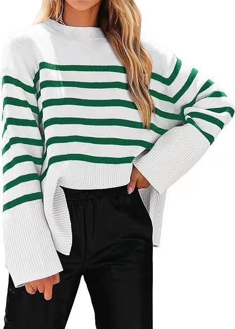 Autumn and Winter Hot Sale European and American Fashion Striped Loose Fat Sleeve Women's Knitted Sweater