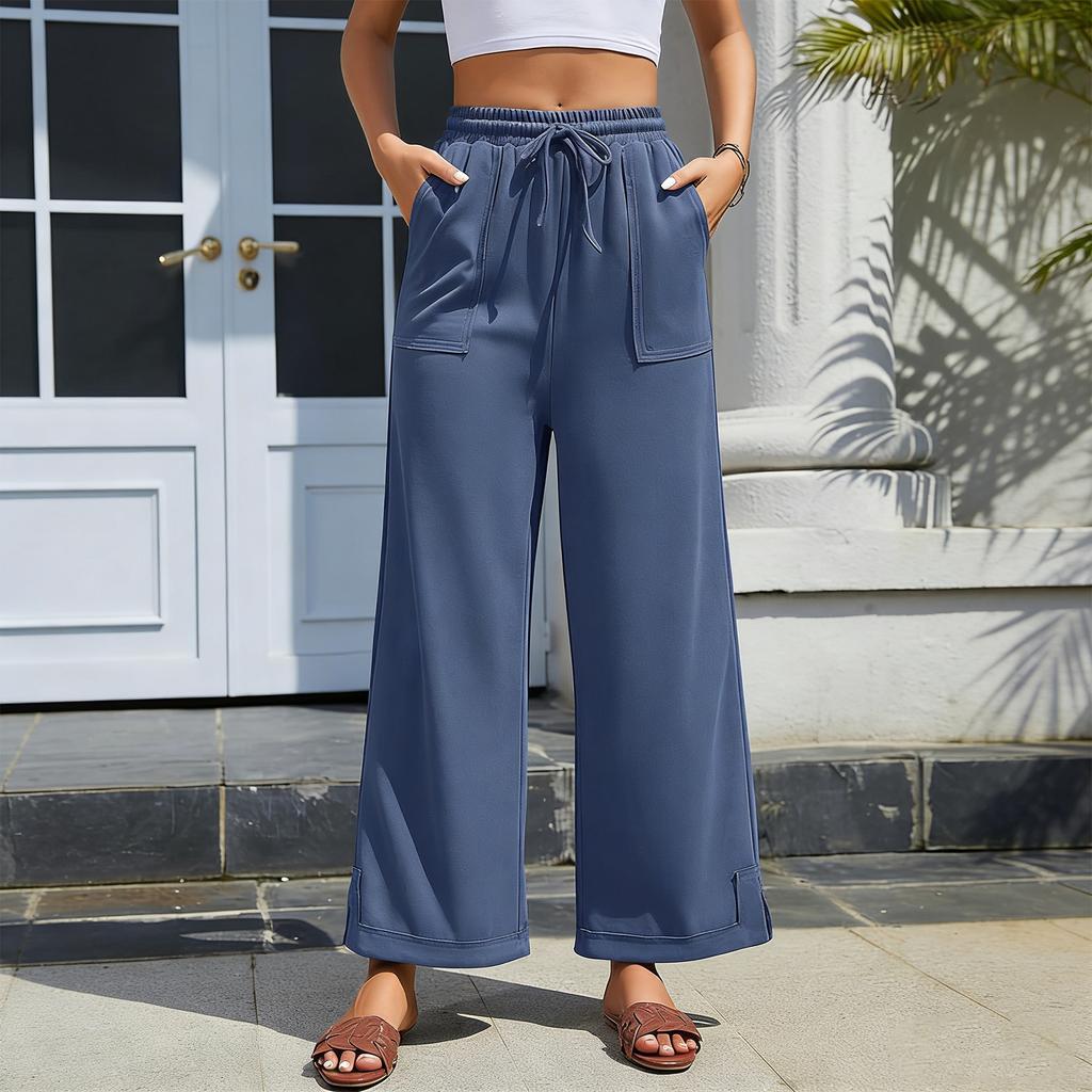 Damen locker bequem lässig Mode Farbe elastischer Bund mit Gürtel Taschen weite Hose