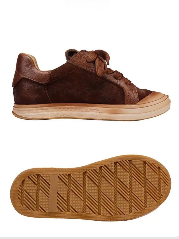 Johnature Versatile Women's Shoes Genuine Leather Solid Color Lace Up Casual Cowhide Soft Soled Flat Shoes