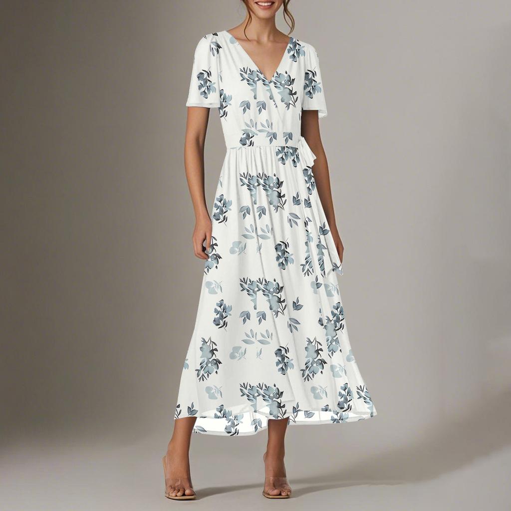 Women's Summer Floral Bohemian Dress Wrap V Neck Short Sleeves Ruffle A-Line Flowy Maxi Dress Summer Dresses For Women