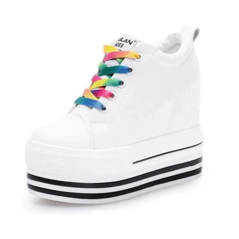 Fashion 2025 New 12CM Heels Wedge Canvas Shoes Woman High Platform Sneakers Vulcanized Shoes Hidden Heel Height Increasing Casual Shoes