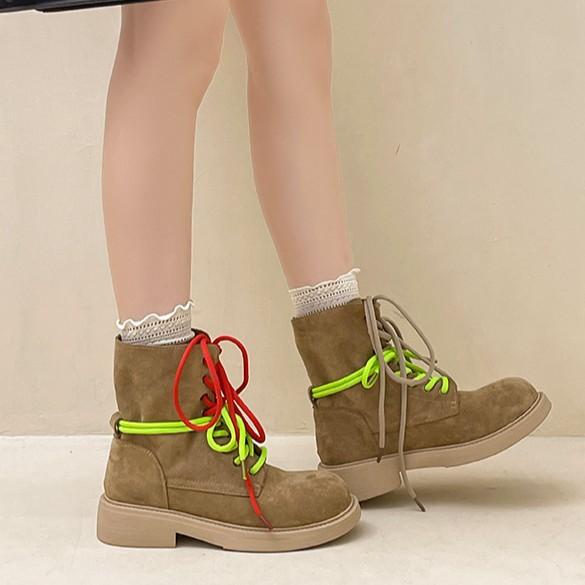 2025 autumn and winter new fashion retro British style folding contrasting color thick heel Martin boots women's casual tooling boots short boots