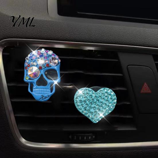 Car Air Freshener Vent Clip 2 Pcs Bling Skull Heart Clips, Rhinestone Shiny Unique Gift for Men Dashboard Trim Clip, Funny Head Auto Interior Ornament