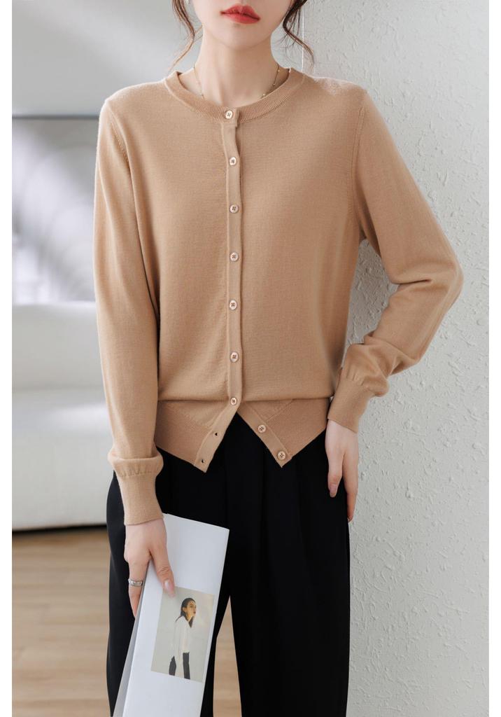 Women's 100% Wool Loose Knit Cardigan - Solid Color, Round Neck, Long Sleeve, Machine Washable Versatile Top