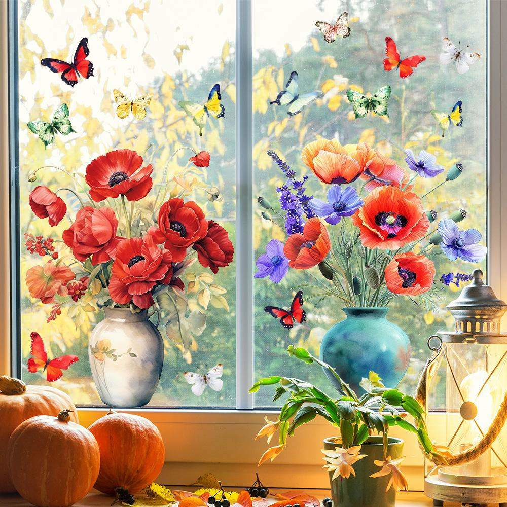 3D Stereoscopic, Butterfly, Flower, Vase Glass Sticker, Living Room Window Sticker, Removable, Electrostatic Sticker, Coffee Shop Decoration