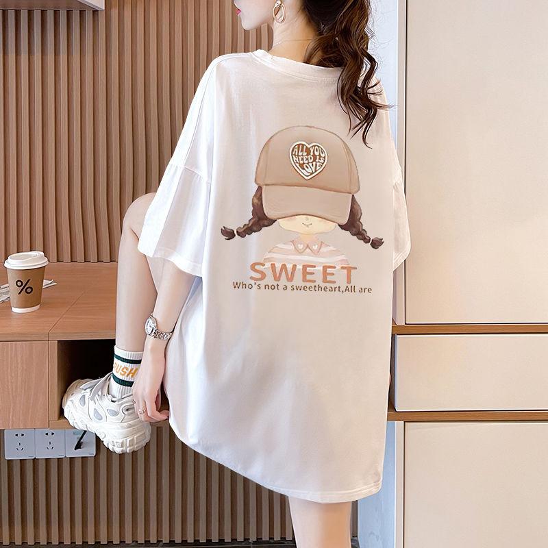 Women's Oversized Cotton T-shirt Sweet Cartoon Print Short Sleeve Casual Top