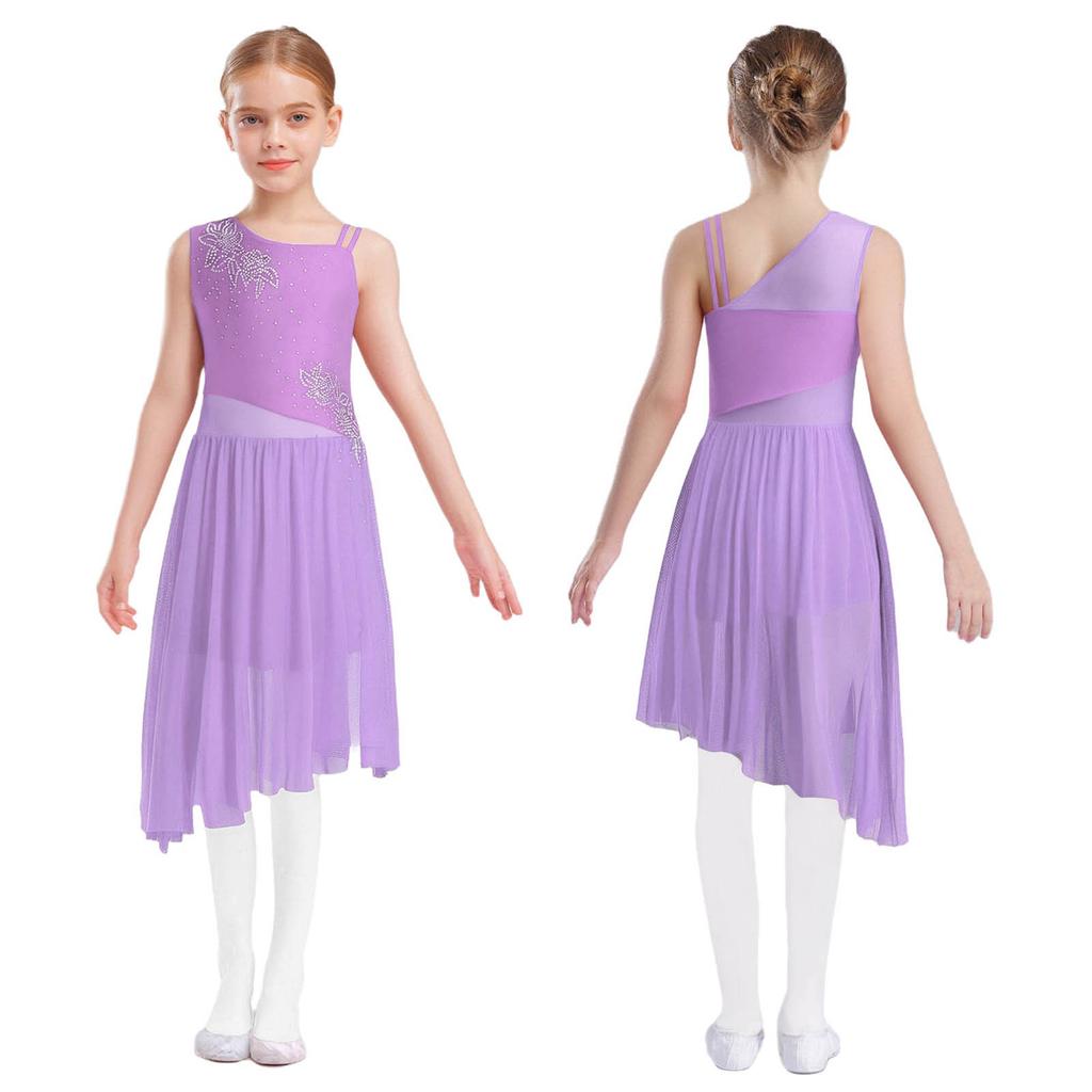 Vše v jednom kostým pro dívky na lyrický tanec: Bezesaté šaty s květinovým motivem a kamínky, s bočním rozparkem, připravené na pódium & vystoupení