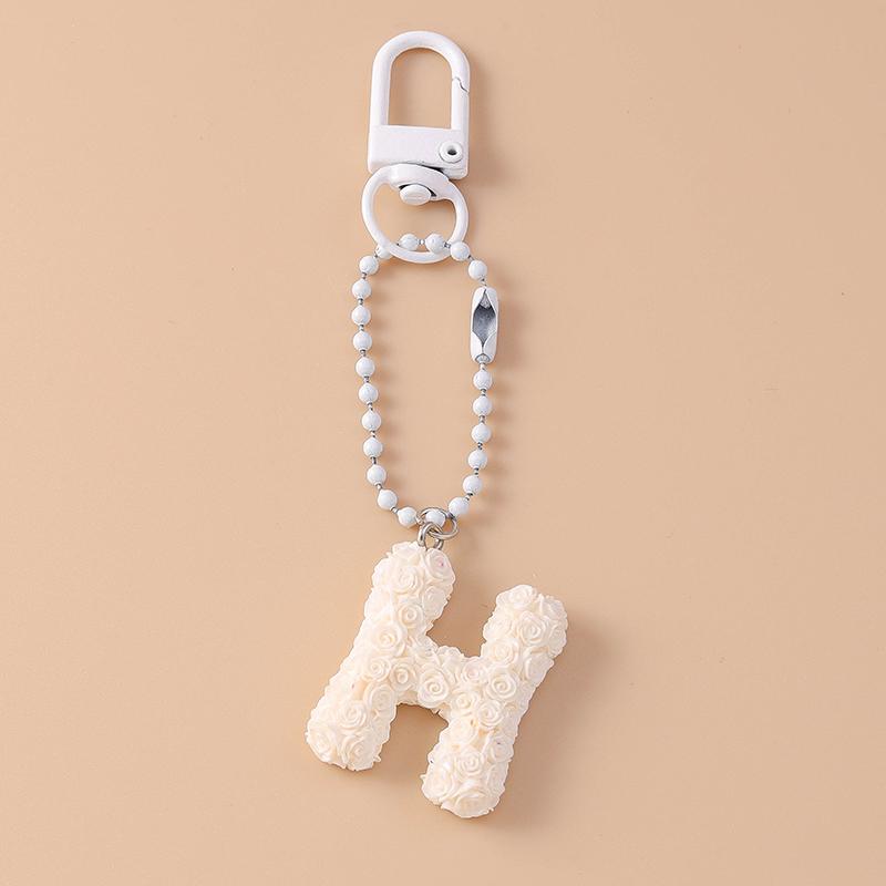 

Pretty Resin Rose Flower Initial Letter Keychain Small Bells Key Ring Pendant for Women Girls Handbag Decor DIY Jewelry Gift