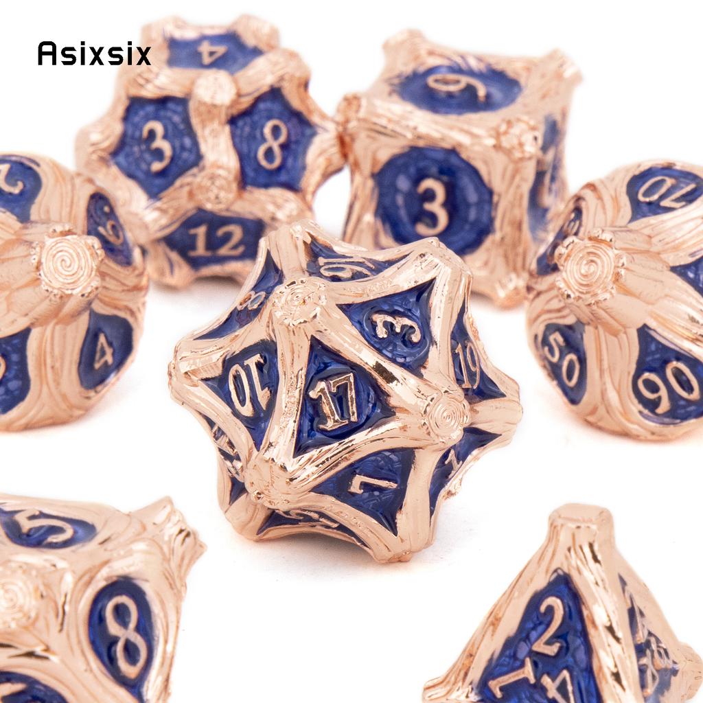 7 Pcs Copper Blue Tree Stump Root Metal Dice Solid Metal Polyhedral Dice Set Suitable for Role-Playing RPG  Board Game Card Game