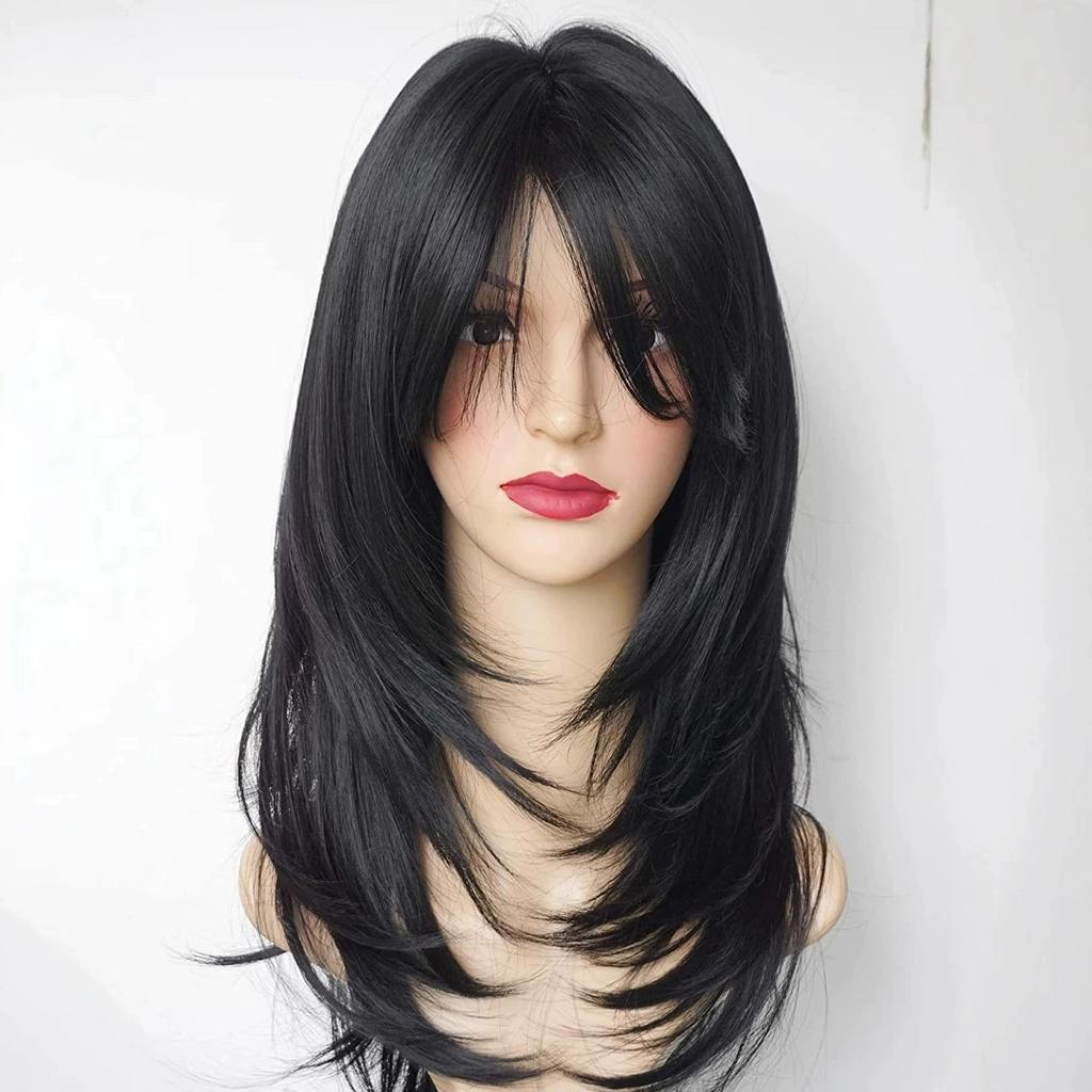 Synthetic Natural Layered Wave Wigs For Women Ombre Brown Blond Black Hair with Bangs Heat Resistant Fibre