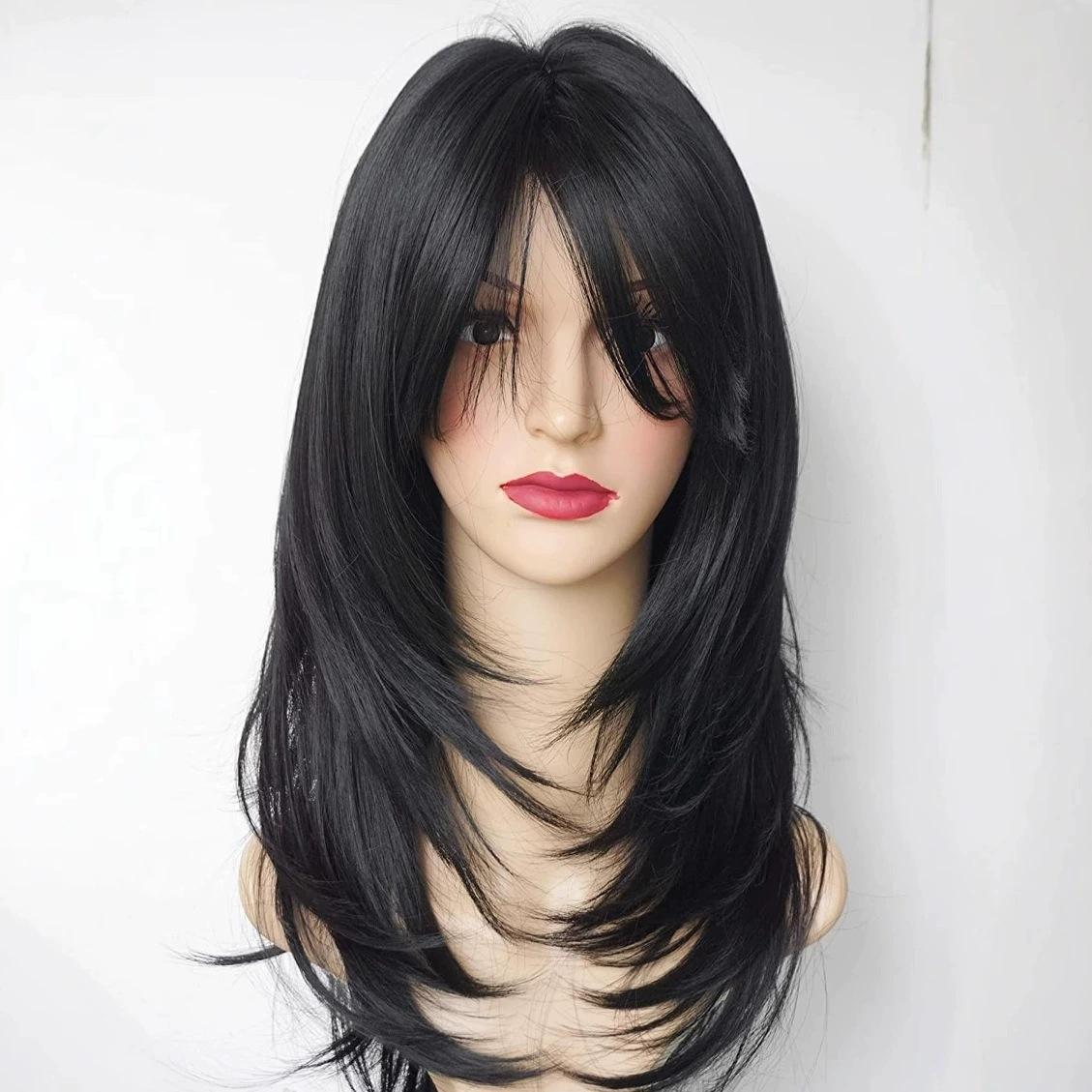 

Synthetic Natural Layered Wave Wigs For Women Ombre Brown Blond Black Hair with Bangs Heat Resistant Fibre
