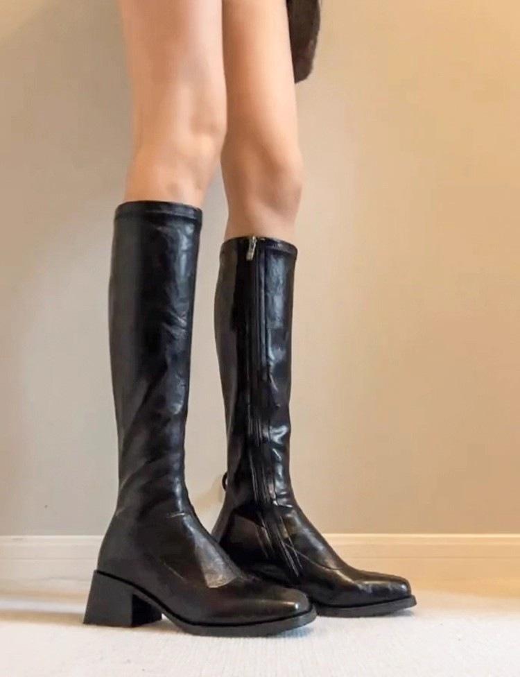 Cowhide version~ retro square head elastic thin boots women's 2025 new black high-heeled knight boots but knee boots