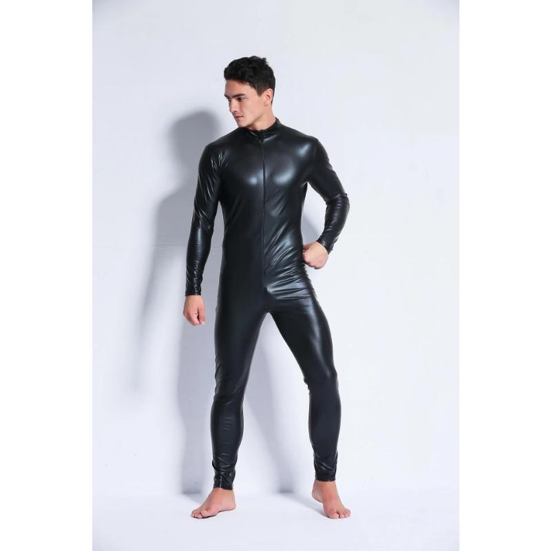 Sexy Men Shiny Pu Faux Leather Catsuit Jumpsuit Nightclub Erotic Lingerie Wetlook Latex Zentai Jumpsuit Costume