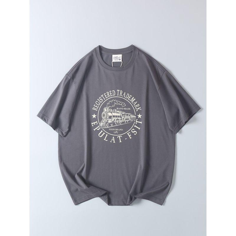 Vintage Locomotive Print Short-Sleeve T-Shirt for Summer, Men's Export Surplus Casual Round-Neck Base Shirt