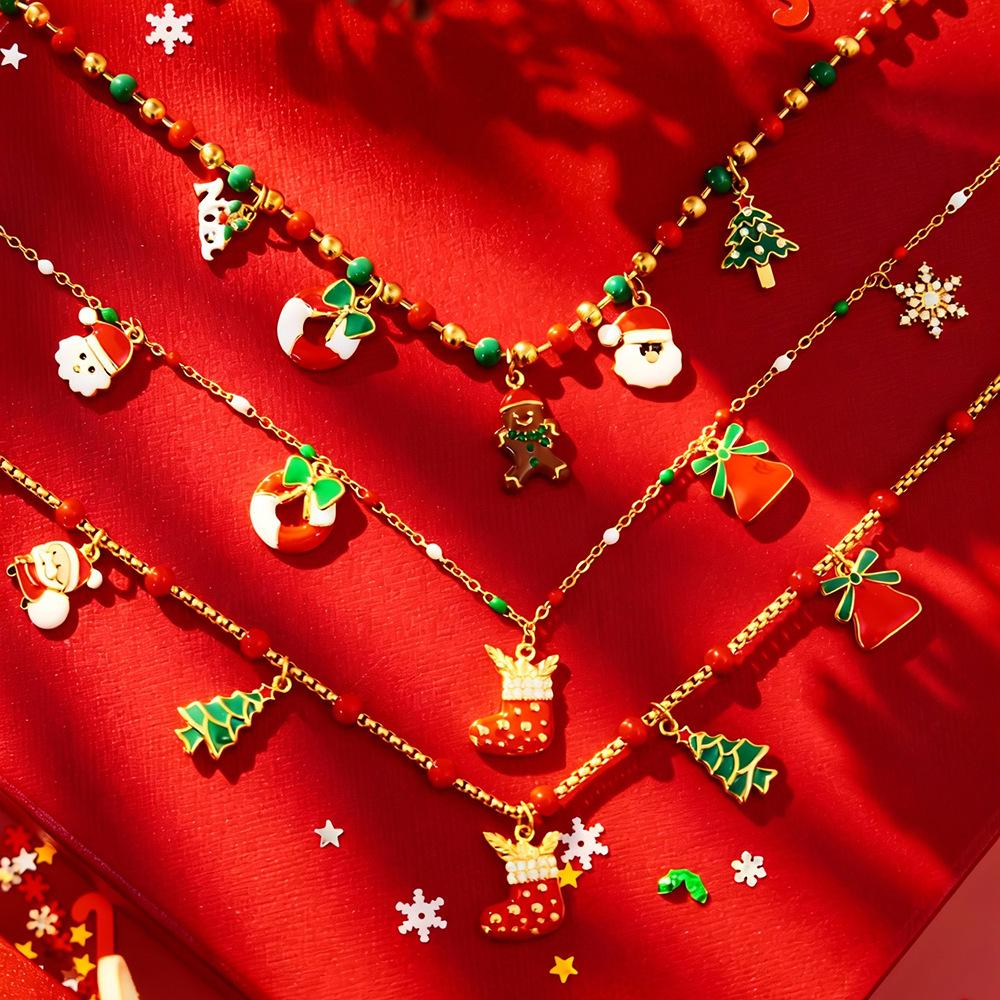 European & American Christmas Festival DIY Multi-Accessory Enamel Zirconia Necklace, 18K Gold-Plated Stainless Steel, Christmas Tree & Santa Styles.