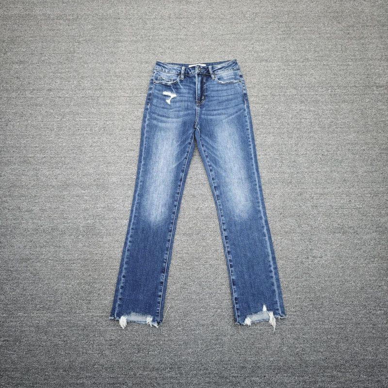 

and American Single Spring and Autumn High Waist Grinding White Cat Beard Pattern Frayed Smoke Tube Jeans Trousers Gap Elastic Burr Pants women Dark blue 24