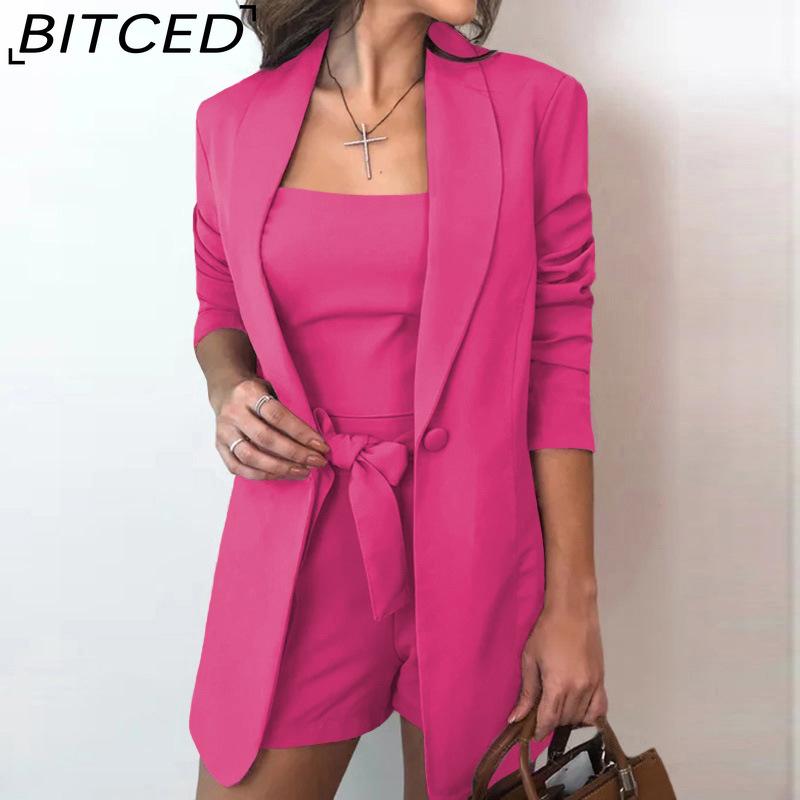 

BITCED Весна-лето однотонный жилет, пиджак, элегантные шорты с высокой талией, женская одежда из трех предметов XXXL розы красного