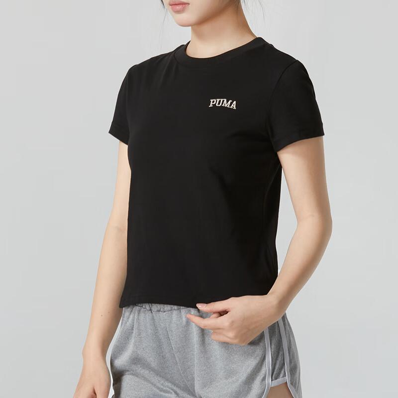 PUMA Embroidered Letter Outdoor Sports Fitness Running Comfortable Breathable Casual Round Neck Short Sleeve T-Shirt SS24 Women Tops Black 630356-01