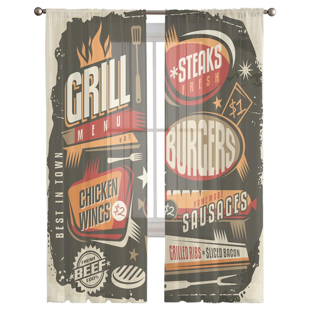 Menu Plakat Restauracja w Stylu Retro Tiulowe Przezroczyste Zasłony Okienne do Salonu Kuchni Pokoju Dziecięcego Woalowa Zasłona Wisząca