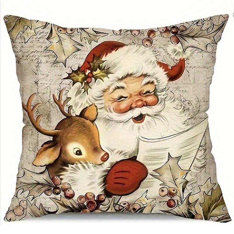 

1 винтажная рождественская наволочка - 18x18 дюймов, с узорами Санта-Клауса и оленей, подходит для диванов и домашнего декора. 45x45cm