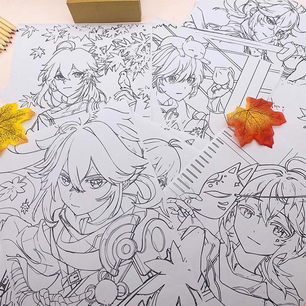 Genshin Impact Coloring Forcalos 30 Drawing Genshin Impact A4 Color Cosplay Doodle Coloring Design Illustration Art Gift Book, Hand-Drawn Book, Xiao,