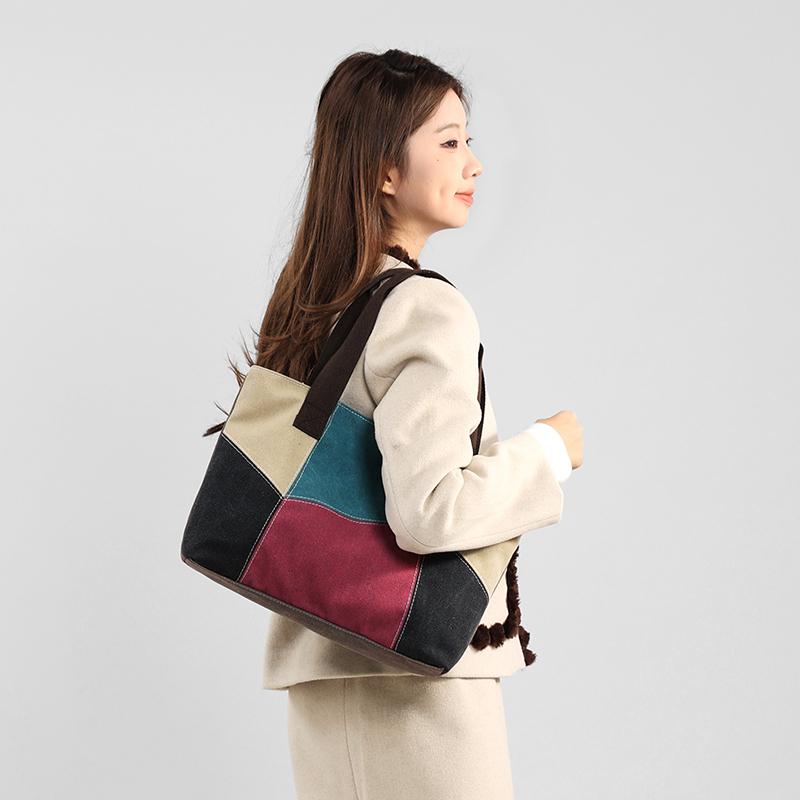 Damen Patchwork Handtasche - Vintage Gespleißte Canvas Tote mit Obergriff & Crossbody-Funktion