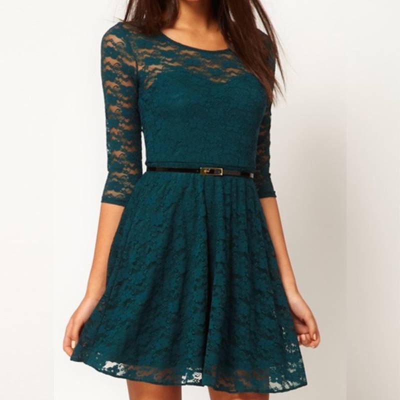 Elegant Lace Dress With Long Sleeves And Round Neck For Casual Spring Summer Wear