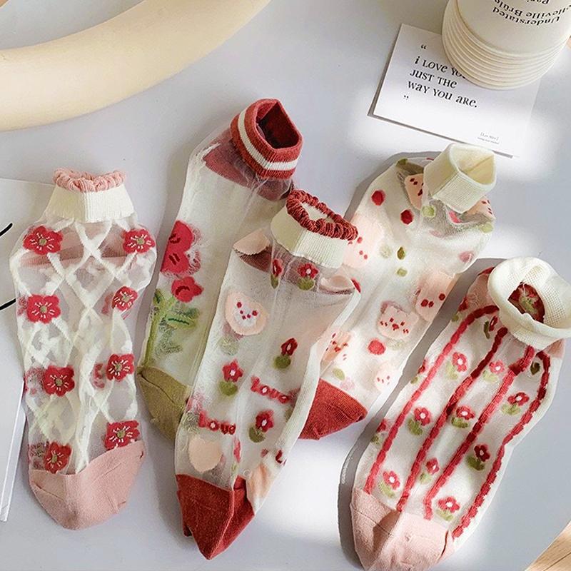 5 Pairs Women Socks Harajuku Summer Cartoon Lace Ankle Sock Casual Socks Transparent Elastic School Girl Short Socks