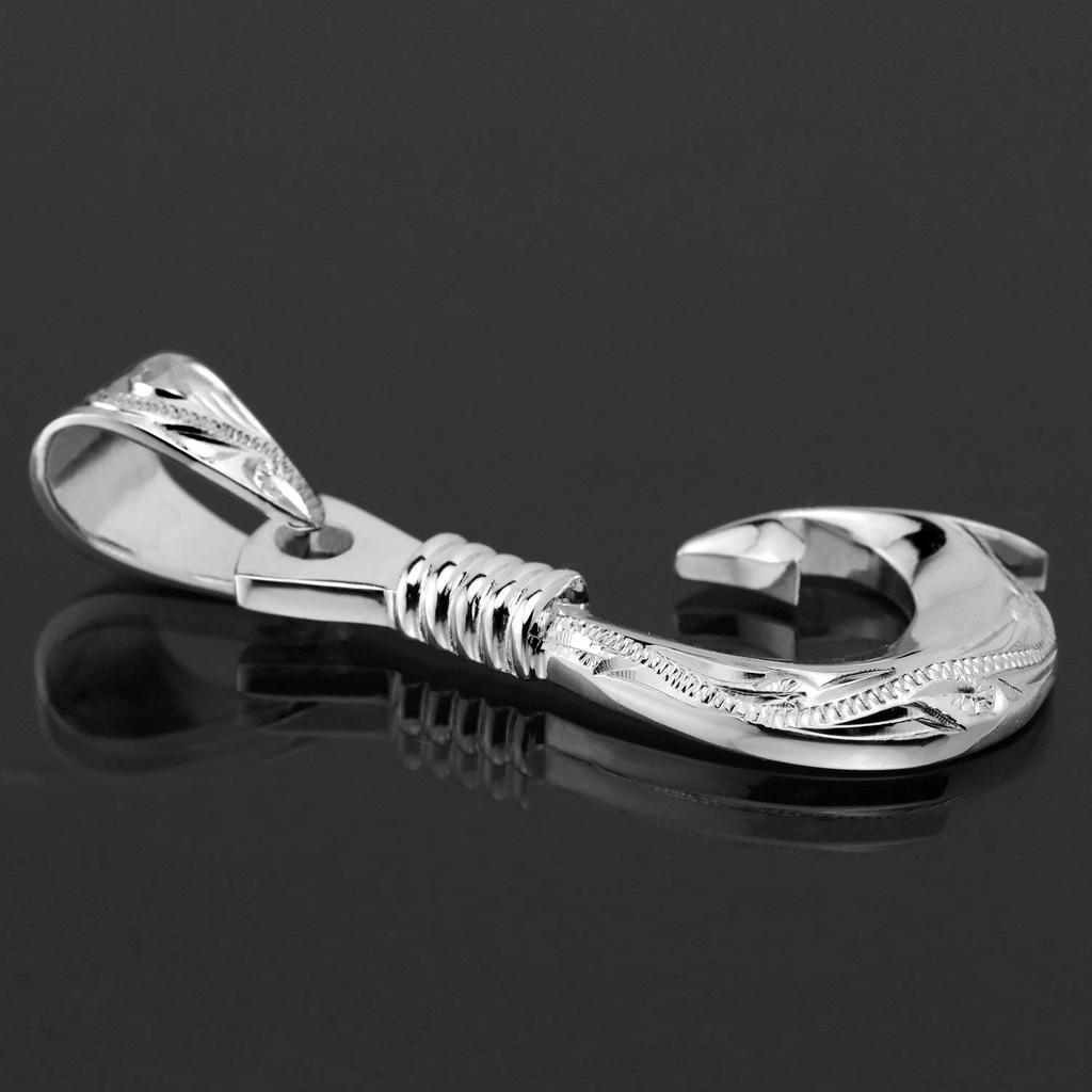 Leilani Hawaiian Fish Hook Pendant Necklace for Men, 925 Sterling Silver with Scroll Engraving and 45cm Rope Chain