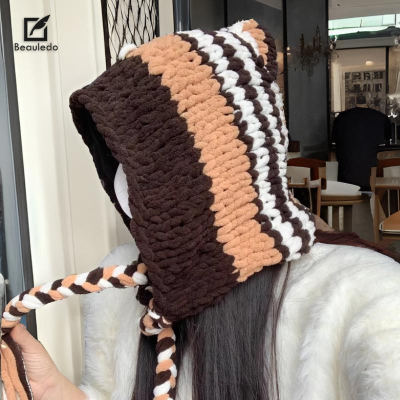 Korean Big Head Circumference Thick Thread Pullover Hat for Women's Handmade Warm Knitted Hat Outdoor Wool Hat