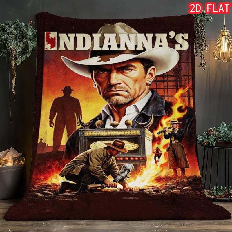Vintage Western Cowboy Adventure Print Throw Blanket Retro Desert Movie Style Flannel Blanket Man Cave Decor