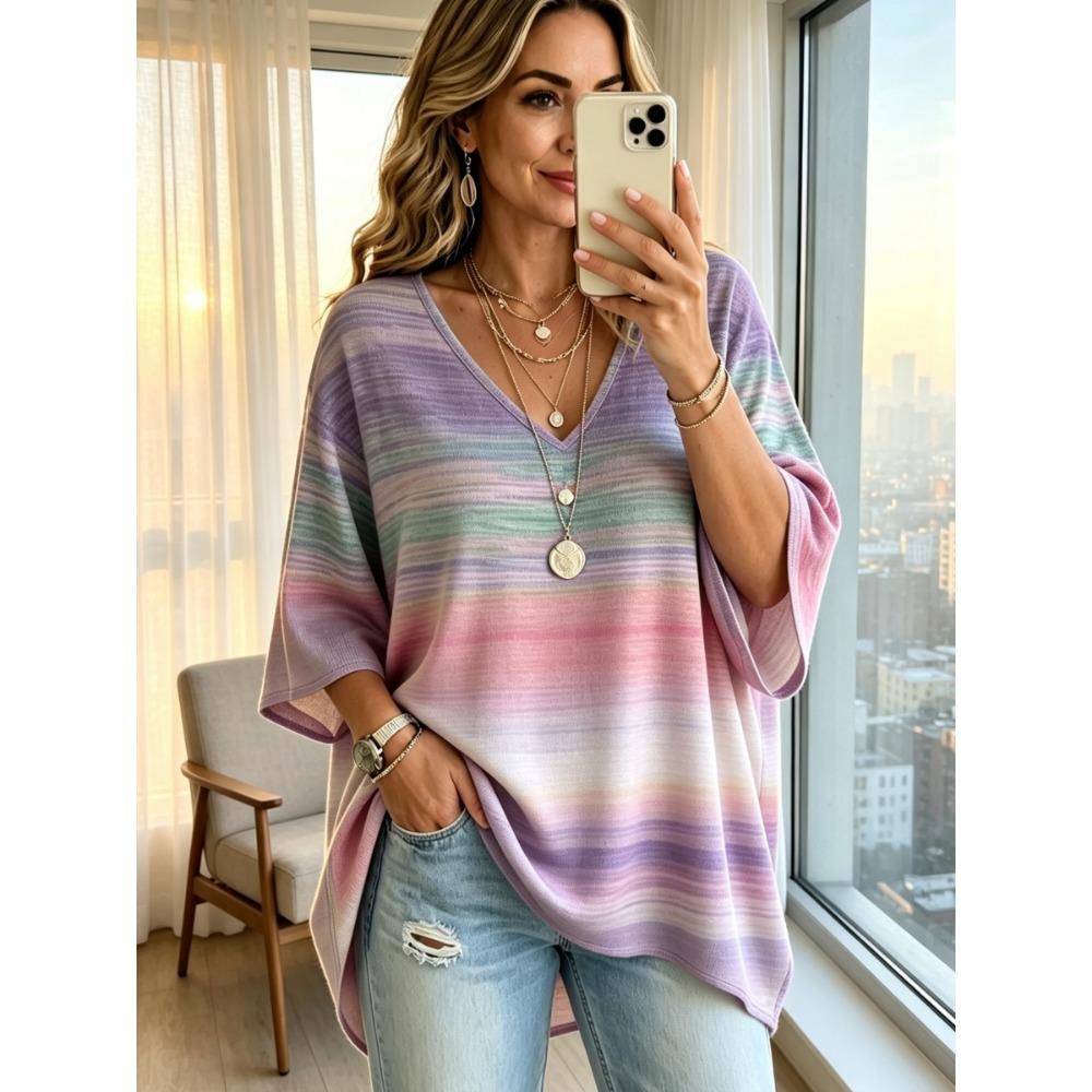 Women's Oversized Loose V-neck T-shirt Top, Bata Shirt with Seven Quarter Sleeves Loose Shirt, Bohemian Style Casual T-shirt