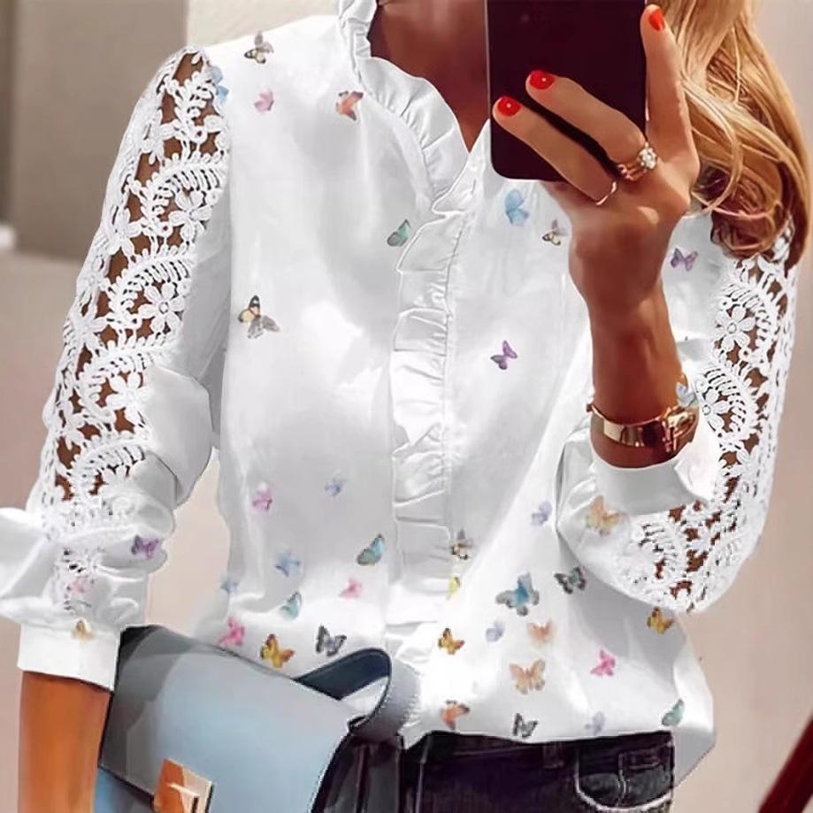 European & American Lace Patchwork Print Women's Shirt