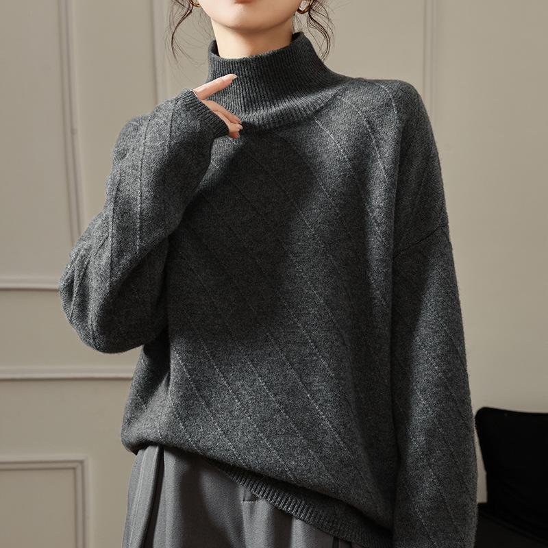Women's High Neck Jacquard Wool Sweater - Thick, Loose Fit, Lazy Style
