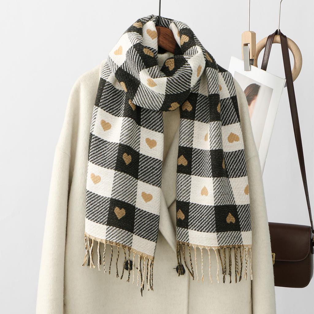Women'S Autumn And Winter Heart-Patterned Scarf Plaid Comfortable Scarf Thick Warm Large Blanket Shawl Scarf Pashmina