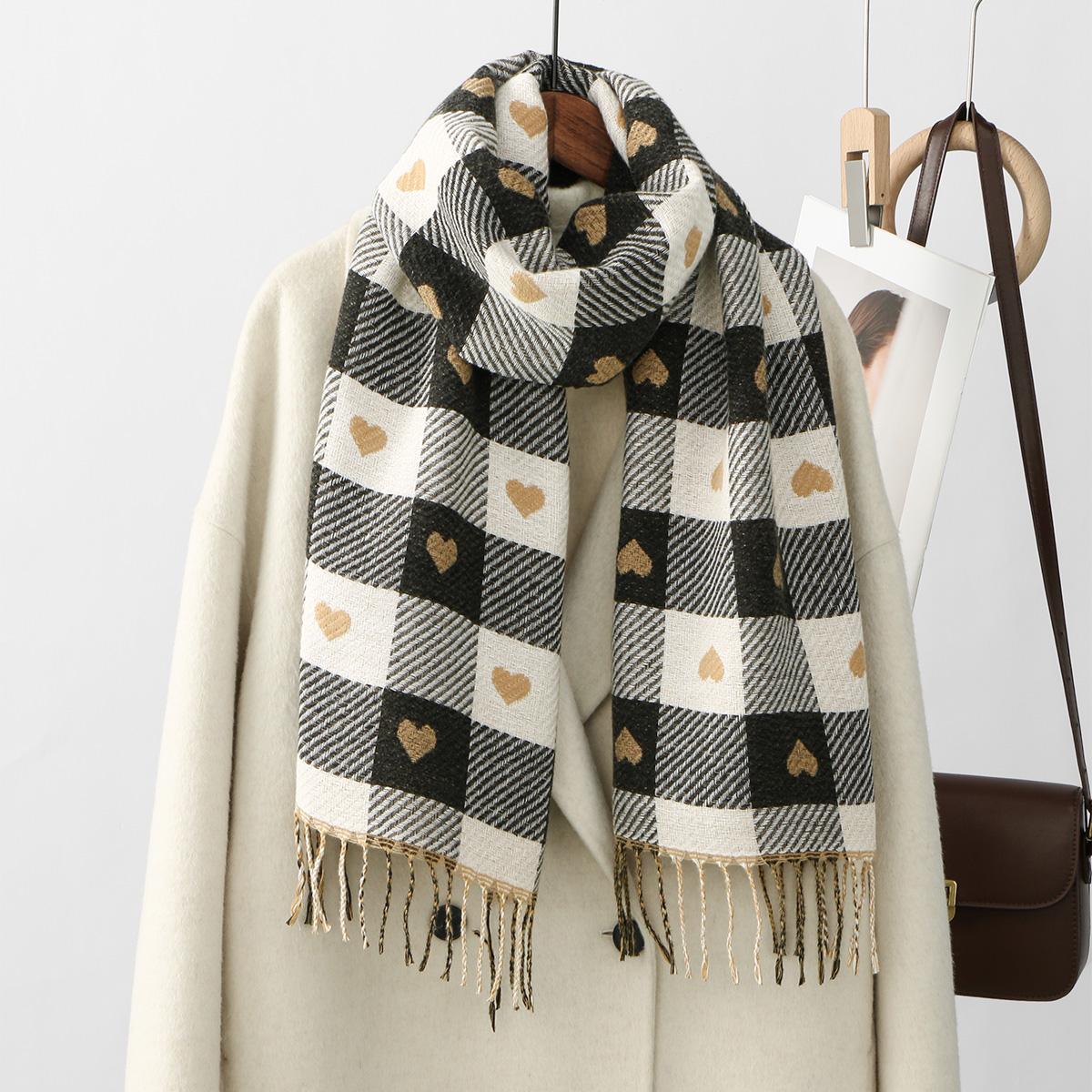 Woman Winter Cashmere Scarf Heart Plaid Shawl Wrap Fall Winter Thick Warm Neckerchief Female Pashmina For Women 180*30Cm