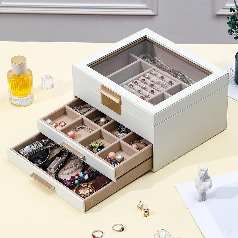 Gold Three-Layer Jewelry Box with Window for Necklaces and Earrings