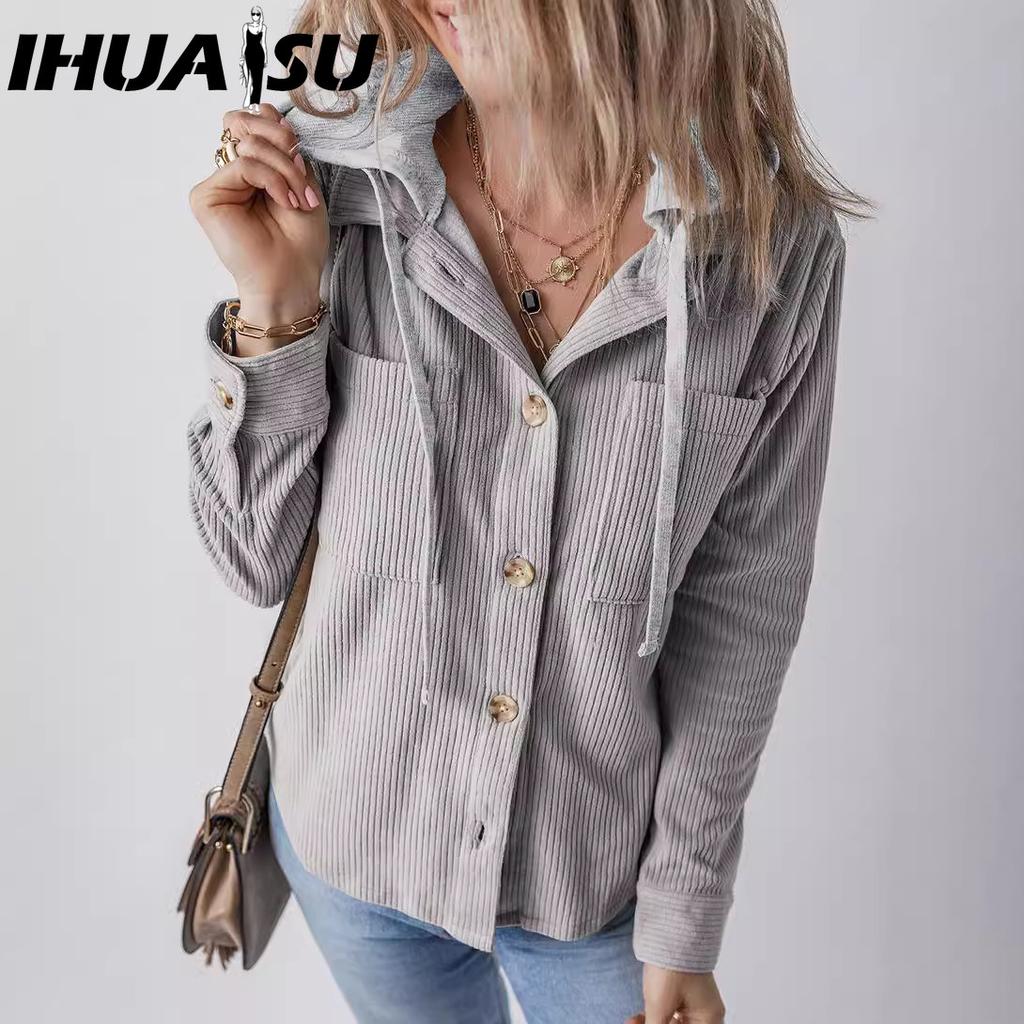 IHUASU Autumn Winter Lapel Buckle Cardigan Purse Hooded Drawstring Striped Coat for Women