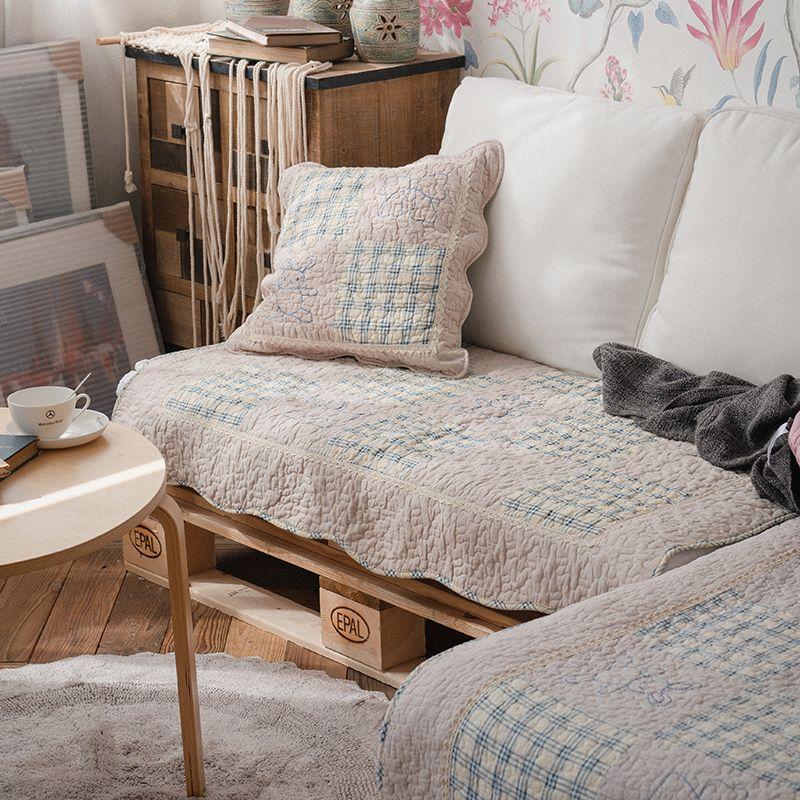 

South Korea Fashion Minimalist All Year Round Sofa Cushion Fabric Washed Non Slip Nordic Plaid Neutral Three-Person Four-Person Sofa Towel Blue 50*50cm set