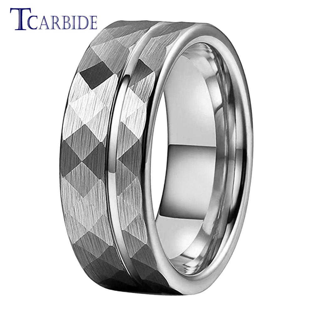 8MM Hammer Wedding Band For Men Women Multi-Faceted Brushed Offset Grooved Finish Nice Gift Jewelry Comfort Fit